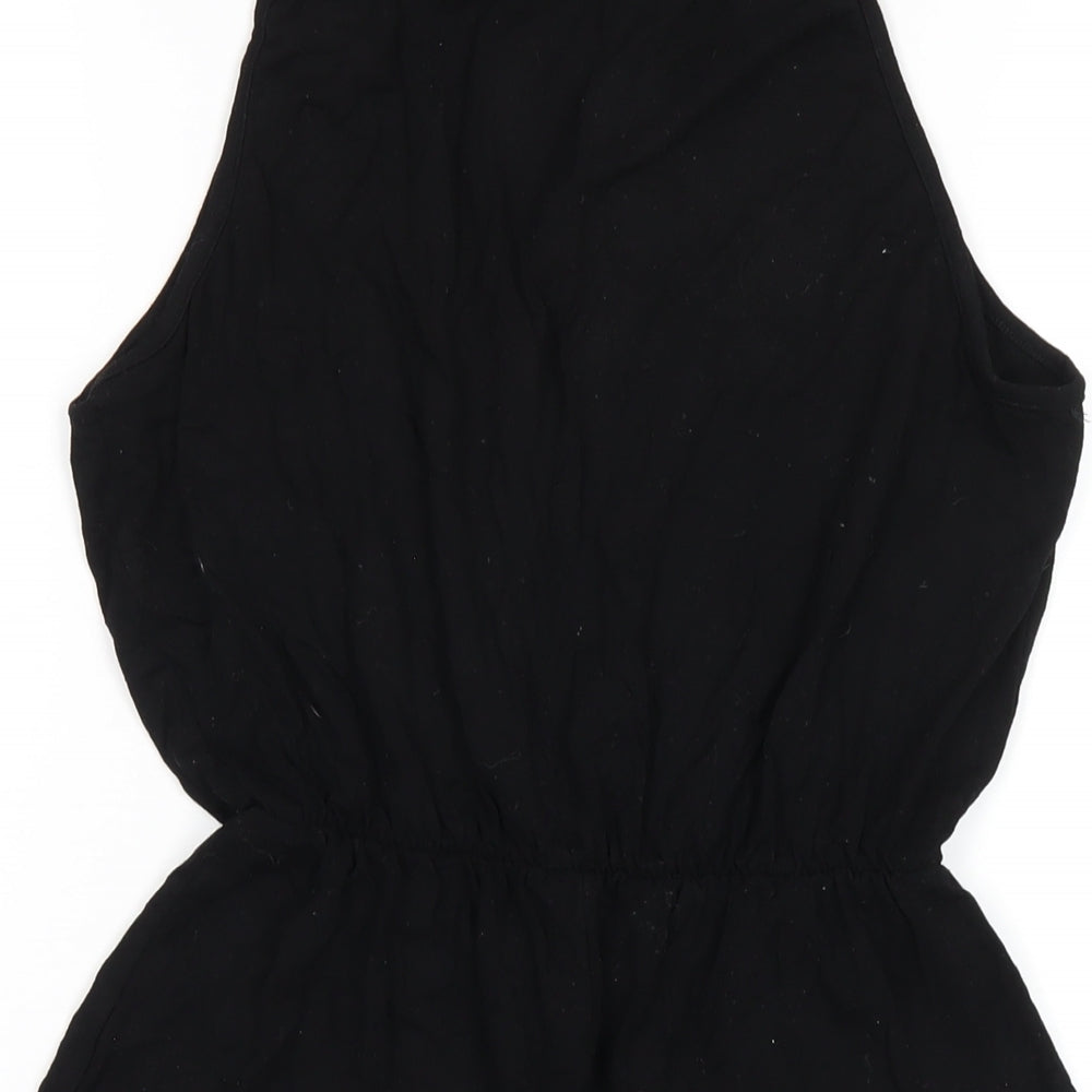 Brand and care label for ASOS women’s black vinyl playsuit one-piece, size UK 8, pullover