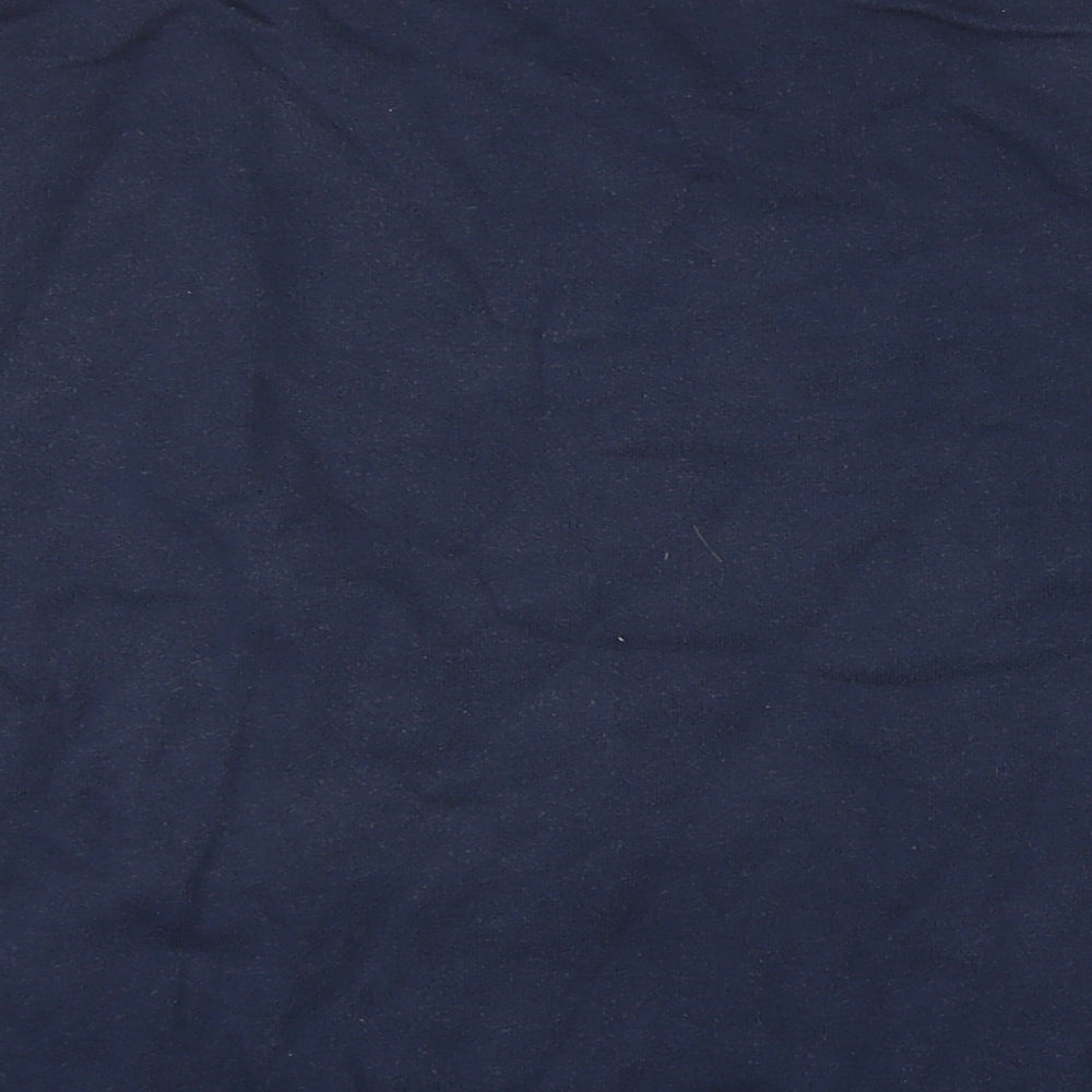 Brand and care label for ASOS men’s blue cotton pullover sweatshirt, size S