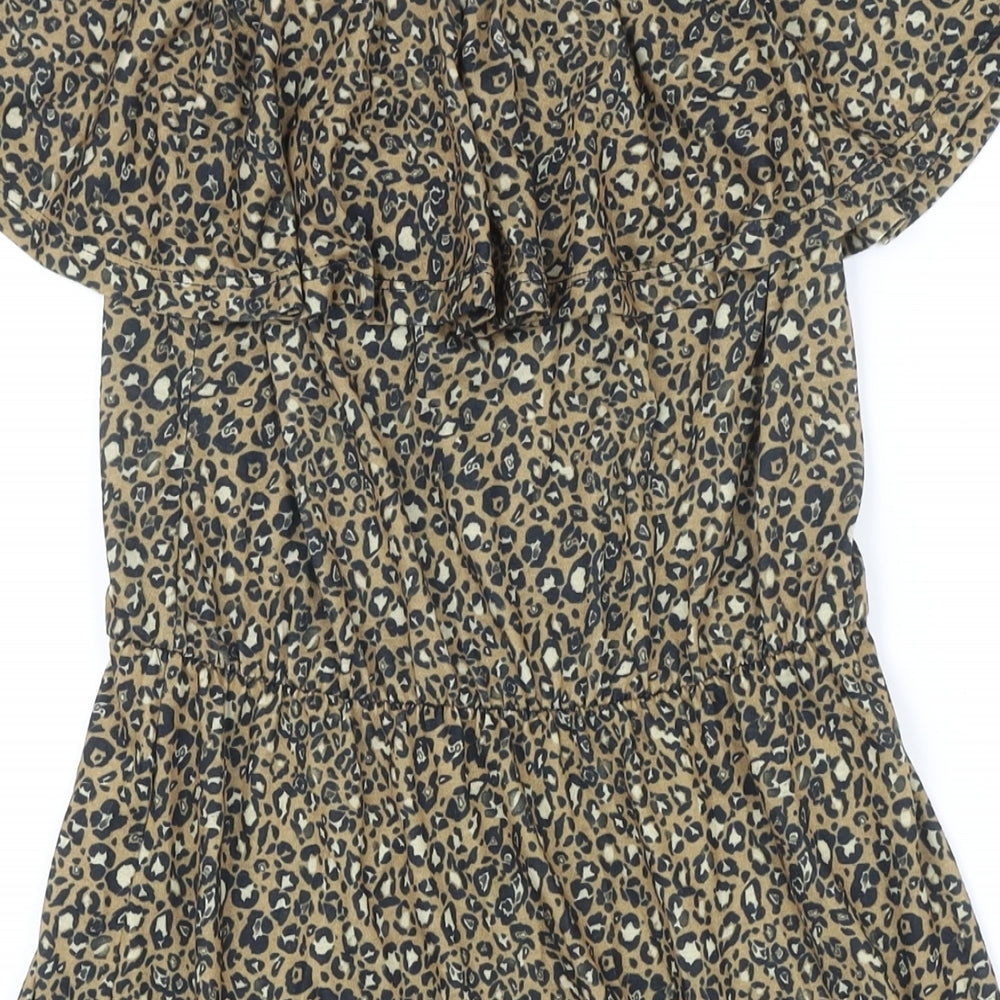 Brand and care label for ASOS women’s brown animal print polyester a-line, size UK 8, off the shoulder