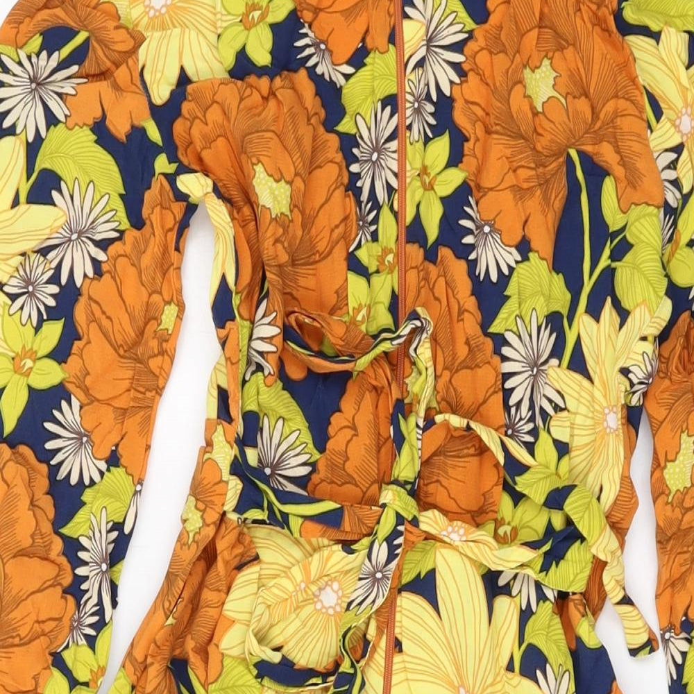 Brand and care label for ASOS women’s multicoloured floral viscose a-line, size UK 10, v-neck zip