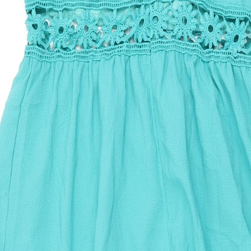 Omonsim Womens Blue Polyester A-Line Size L Square Neck Zip - Floral Crochet Cut Out Detail