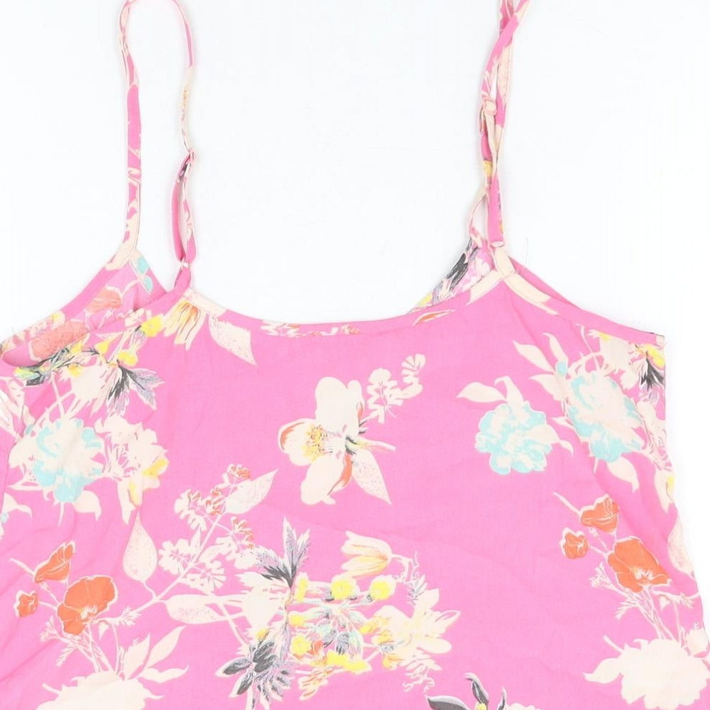 Brand and care label for Miss Selfridge women’s pink floral polyester camisole t-shirt, round neck - sequin and beaded detail