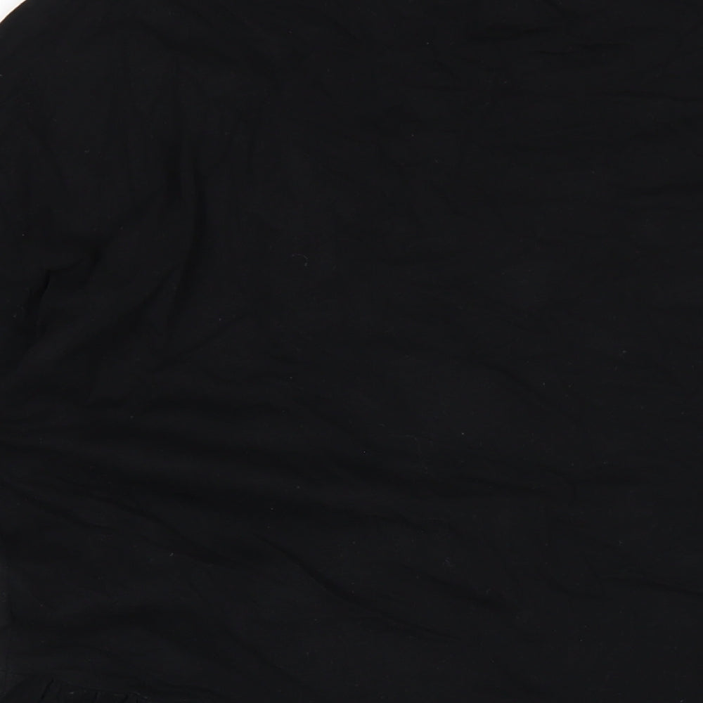 Brand and care label for ASOS women’s black cotton t-shirt dress, size UK 12, round neck pullover
