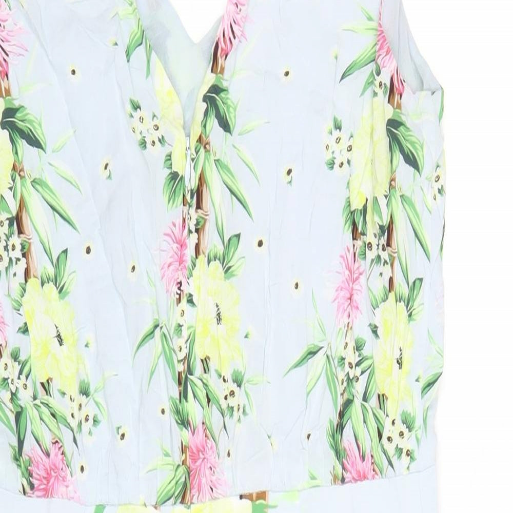 Brand and care label for French Connection women’s blue floral viscose bodycon, size UK 12, v-neck zip