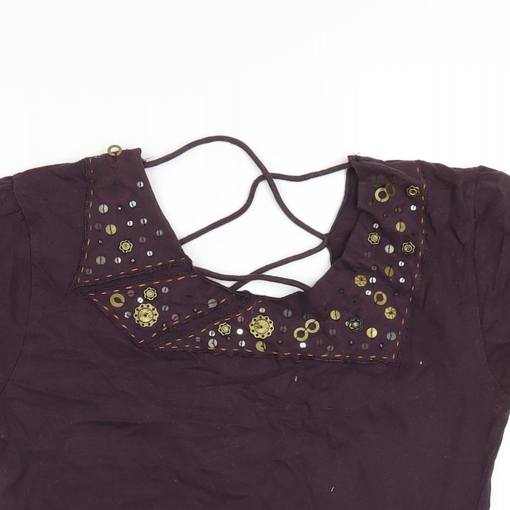 Duck and Cover Womens Purple Geometric Cotton Basic T-Shirt Size L Scoop Neck