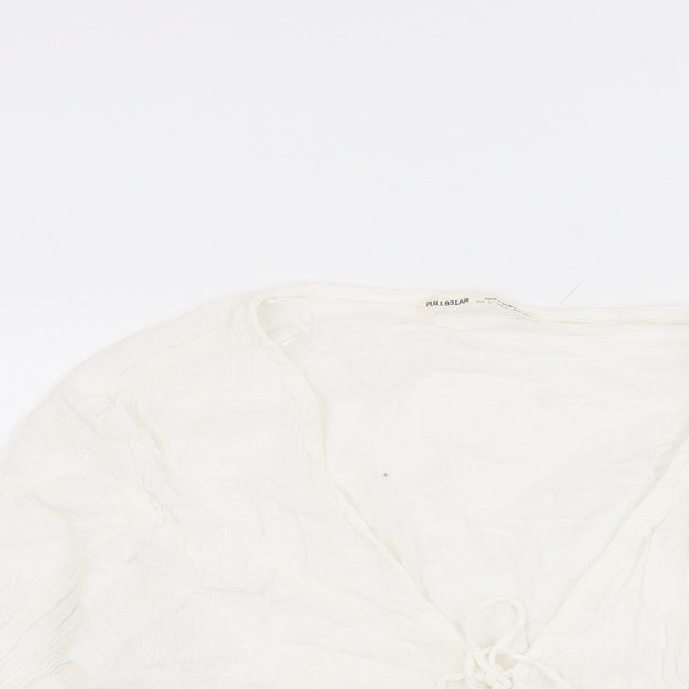 Pull&Bear Womens White Linen Basic T-Shirt Size L V-Neck
