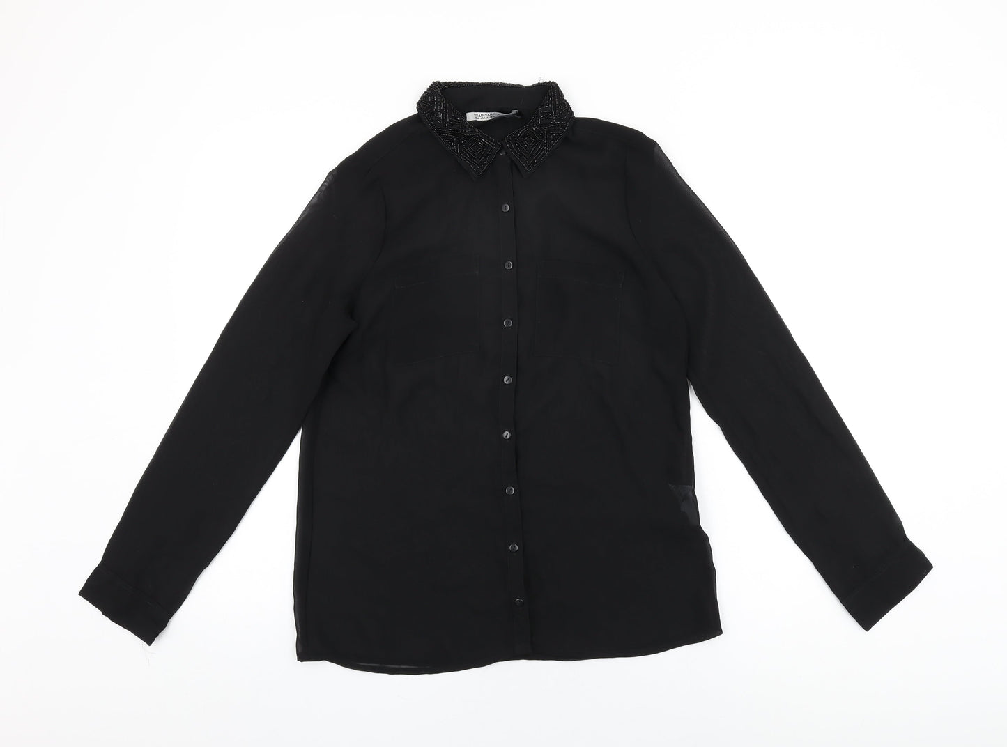 Stradivarius Womens Black Polyester Basic Button-Up Size M Collared - Beaded Collar