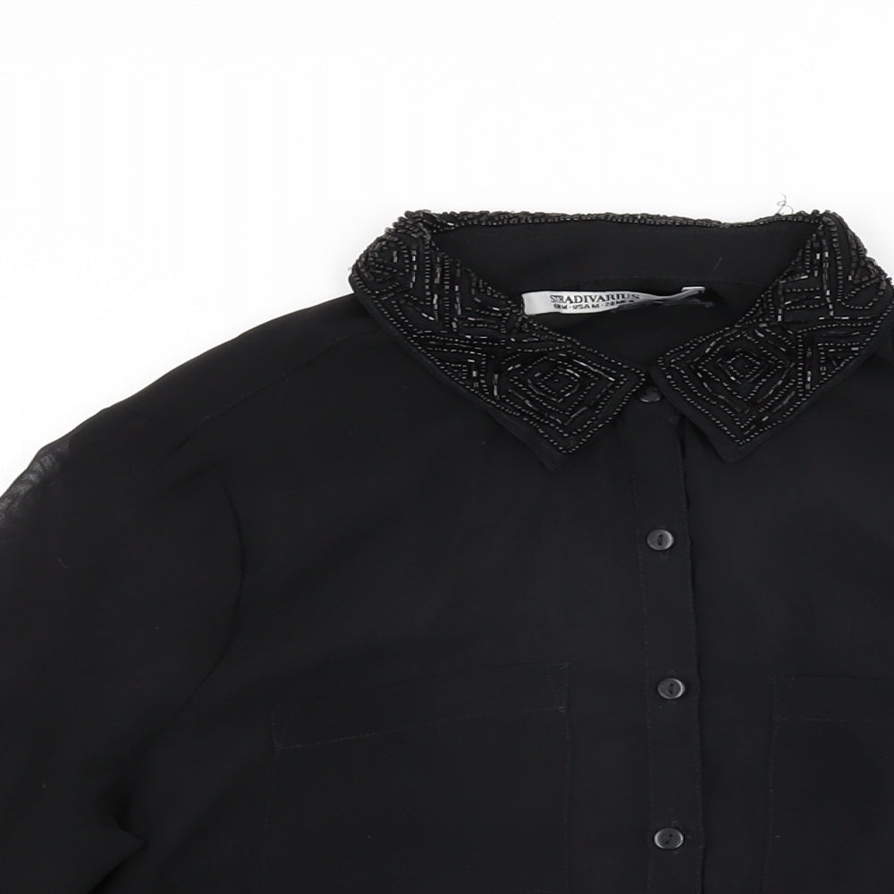 Stradivarius Womens Black Polyester Basic Button-Up Size M Collared - Beaded Collar