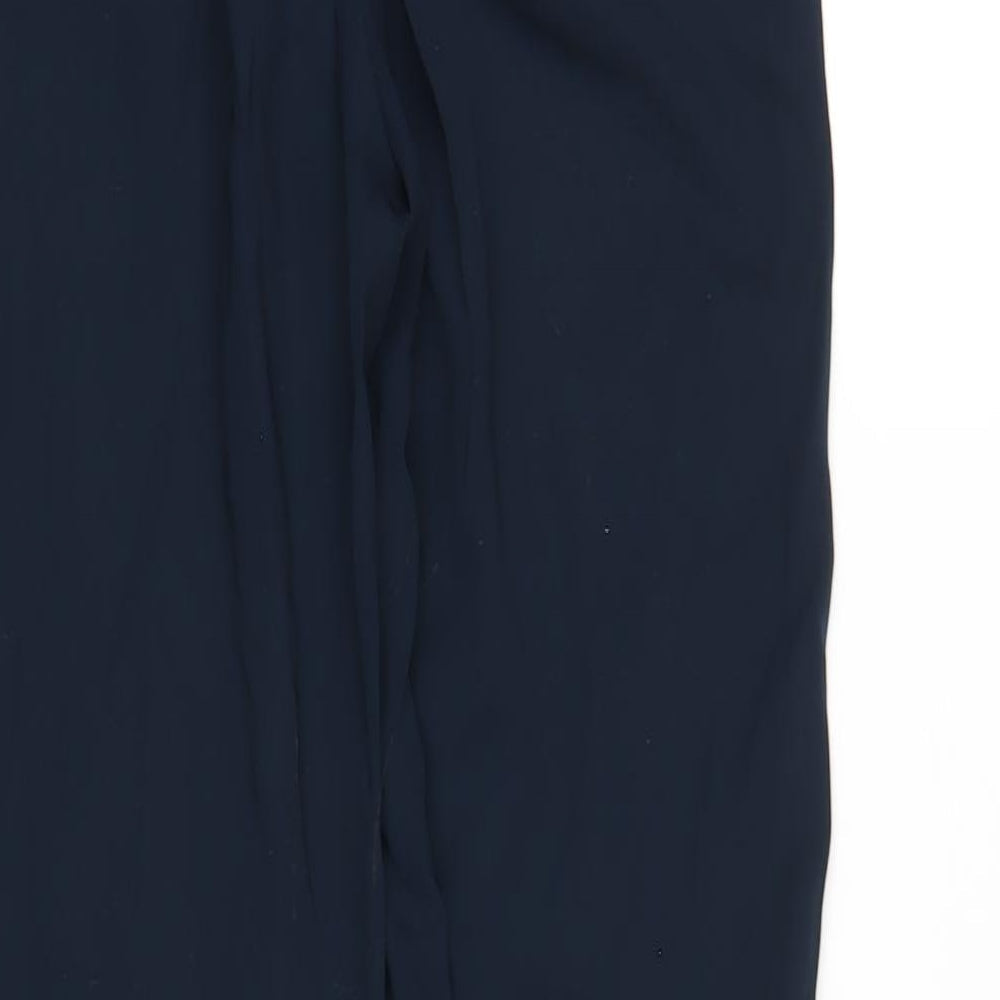 Brand and care label for Only women’s blue polyester trousers, size UK 8, 29-inch leg regular drawstring