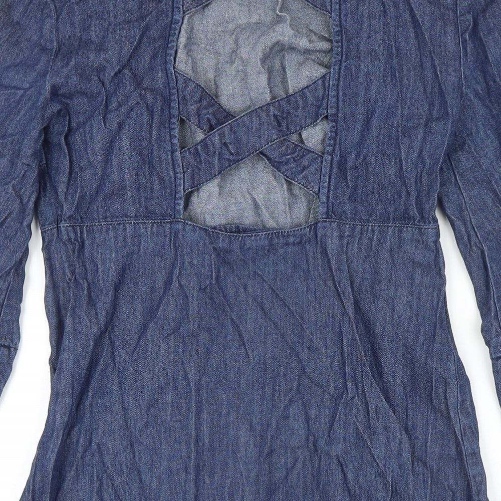 Brand and care label for Cooperative women’s blue 100% cotton a-line, size XS, boat neck zip
