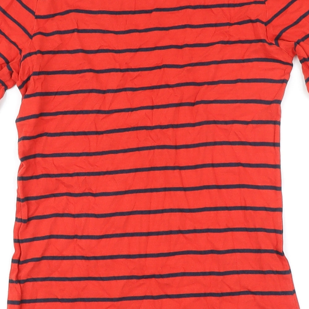 Brand and care label for French Connection women’s red striped 100% cotton t-shirt dress, size UK 8, boat neck