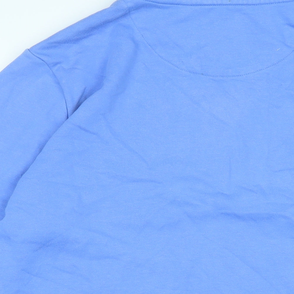 Brand and care label for Lands End women’s blue polyester pullover sweatshirt, size XL, - logo