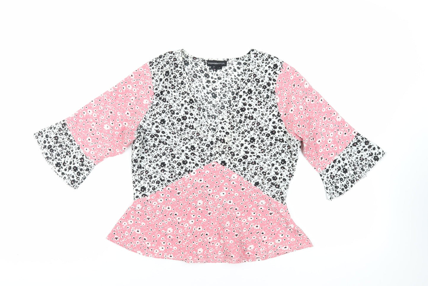 Wednesday's Girl Womens Pink Floral Polyester Basic Blouse Size M V-Neck