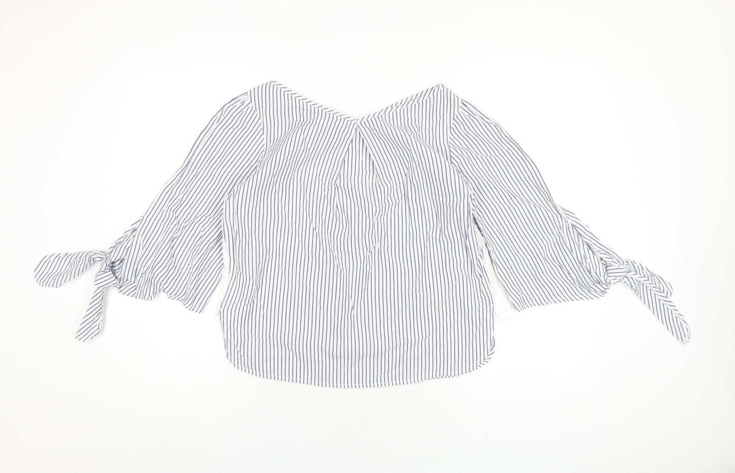 Stradivarius Womens Blue Striped Cotton Basic T-Shirt Size S V-Neck