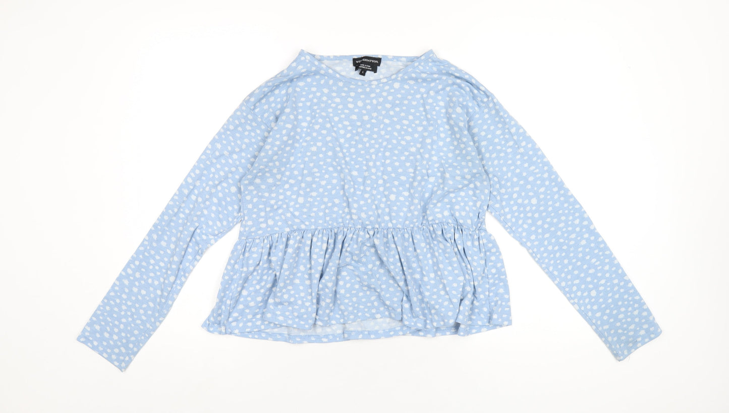 Wednesday's Girl Womens Blue Polka Dot Polyester Basic T-Shirt Size L Round Neck