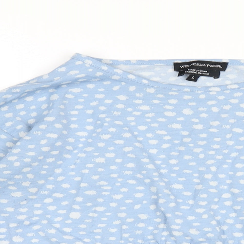 Wednesday's Girl Womens Blue Polka Dot Polyester Basic T-Shirt Size L Round Neck