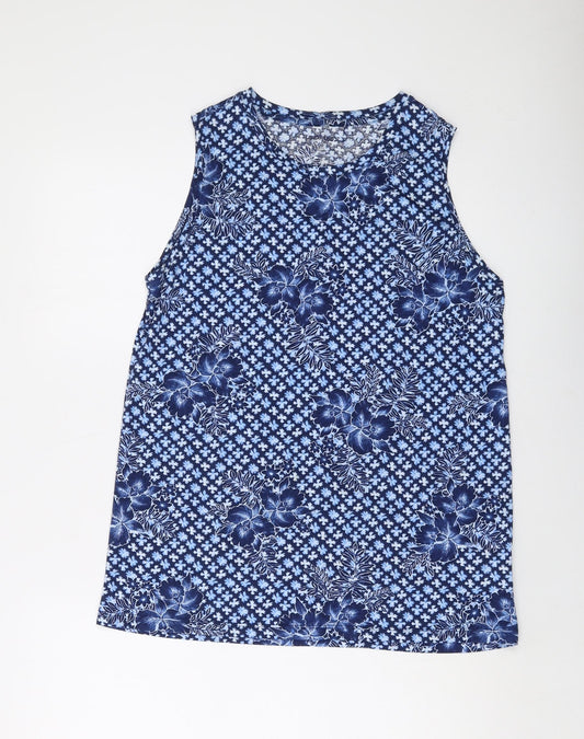Lands' End Womens Blue Geometric Cotton Basic Tank Size M Round Neck