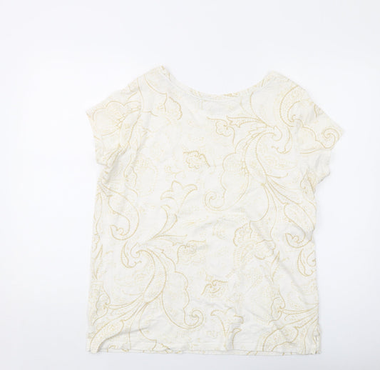 Lands' End Womens Ivory Geometric Cotton Basic T-Shirt Size M Round Neck