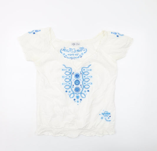 Hard Rock Womens Ivory Geometric Cotton Basic Blouse Size L Round Neck