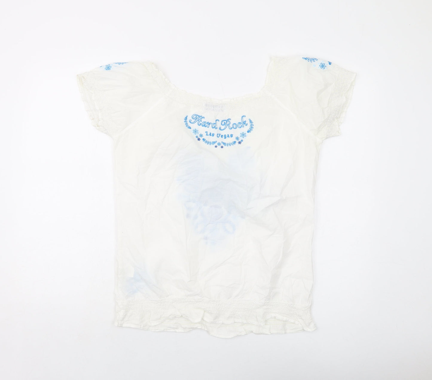 Hard Rock Womens Ivory Geometric Cotton Basic Blouse Size L Round Neck