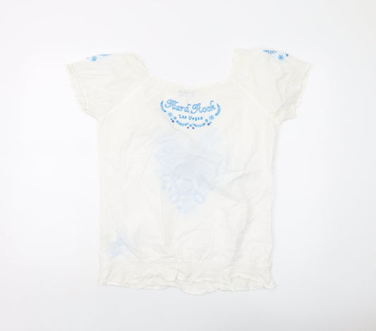Hard Rock Womens Ivory Geometric Cotton Basic Blouse Size L Round Neck