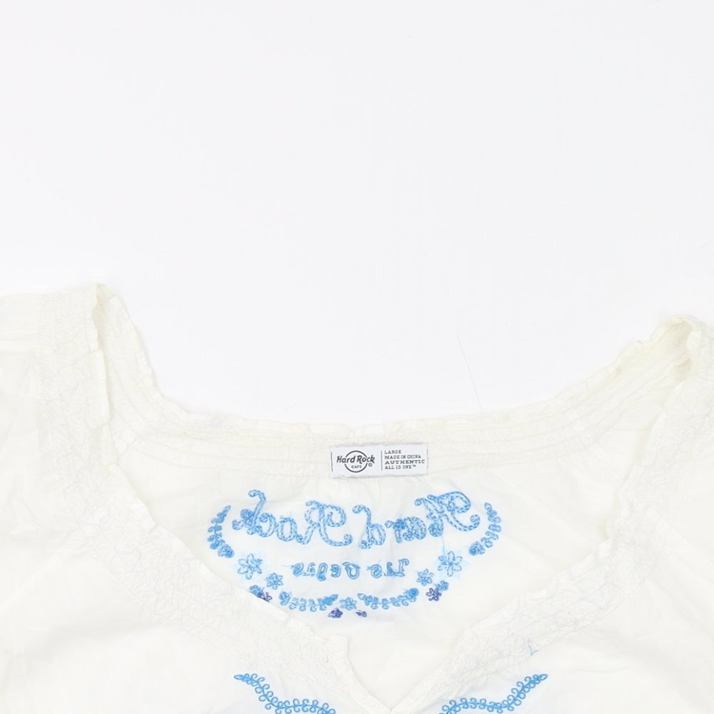 Hard Rock Womens Ivory Geometric Cotton Basic Blouse Size L Round Neck
