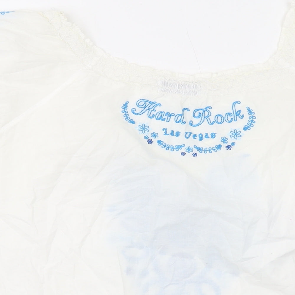 Hard Rock Womens Ivory Geometric Cotton Basic Blouse Size L Round Neck