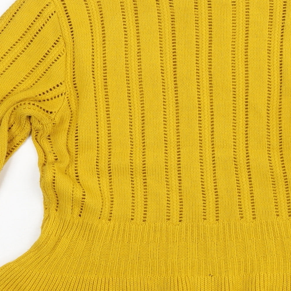 Brand and care label for Miss Selfridge women’s yellow round neck acrylic jumper, size UK 10