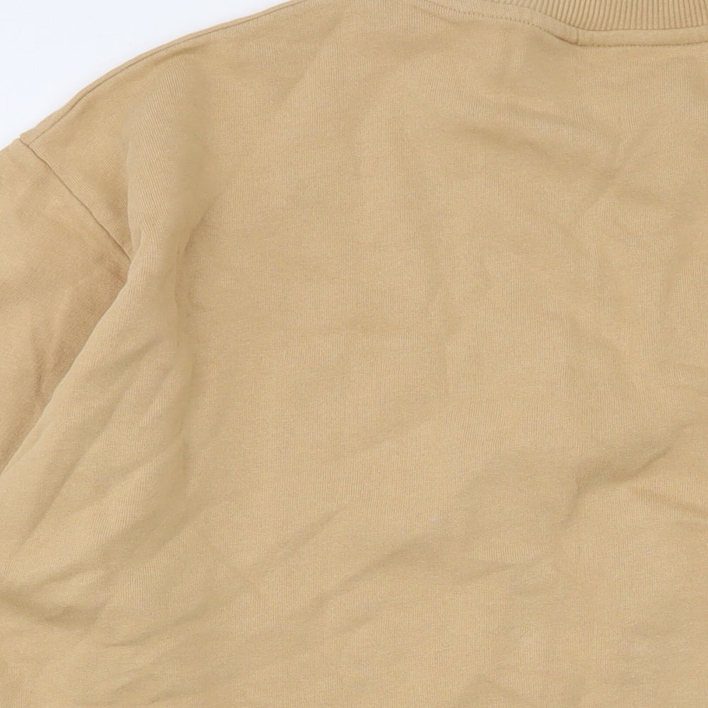 Brand and care label for ASOS men’s beige cotton pullover sweatshirt, size M