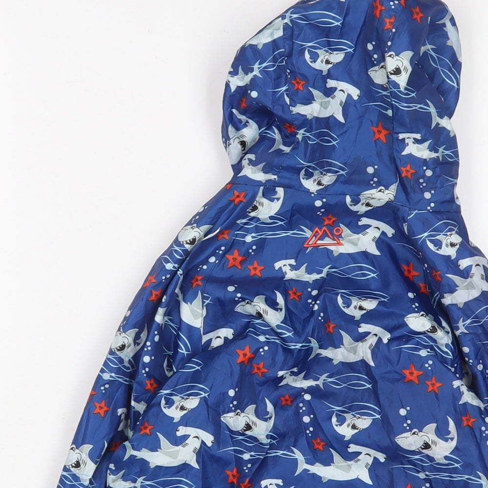 Brand and care label for Target Dry boys’ blue geometric jacket, size 2-3, years zip - sharks