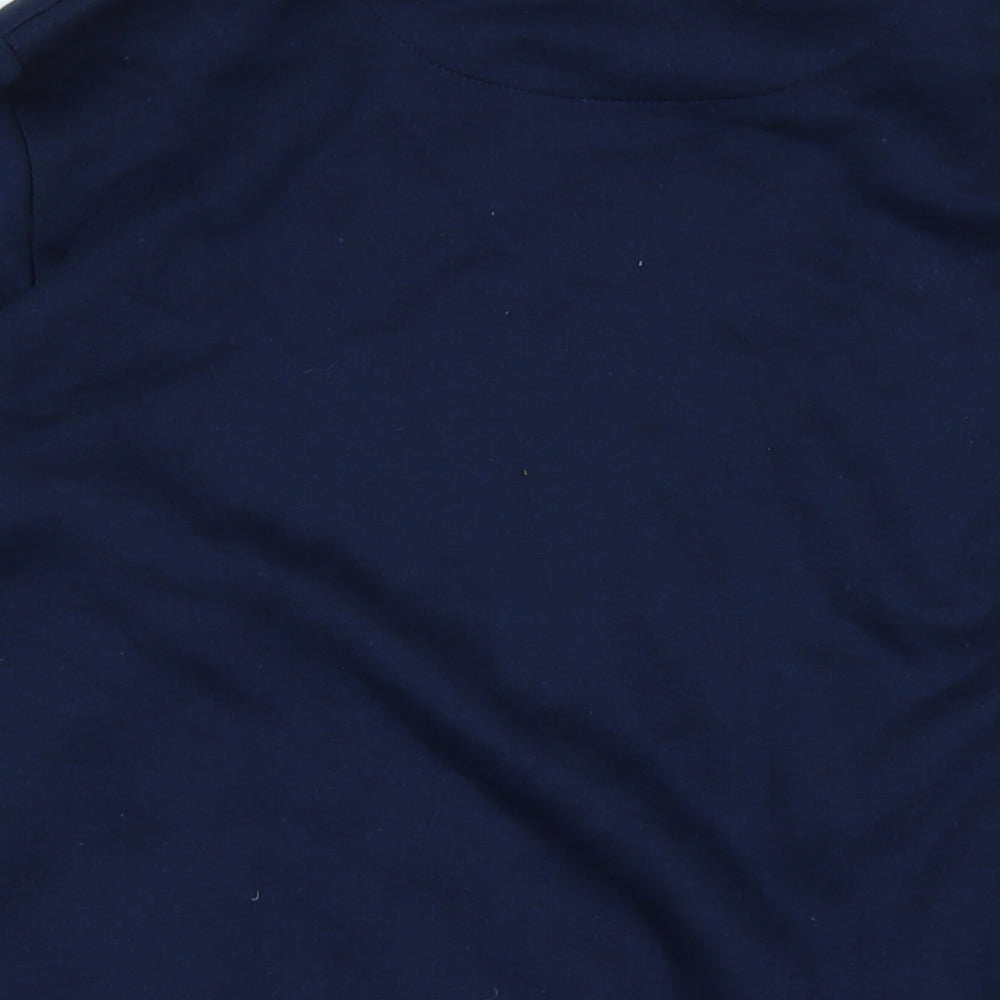 Brand and care label for boohooMAN men’s blue polyester pullover sweatshirt, size M