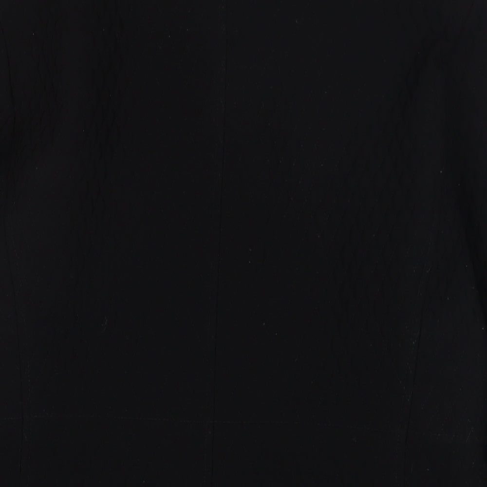 Brand and care label for Gallery women’s black overcoat coat, size M, button