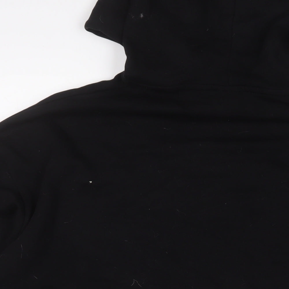 Brand and care label for ASOS men’s black cotton pullover hoodie, size L