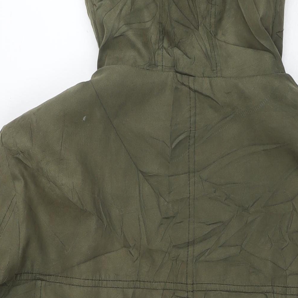 Brand and care label for ASOS women’s green parka coat, size UK 10, zip
