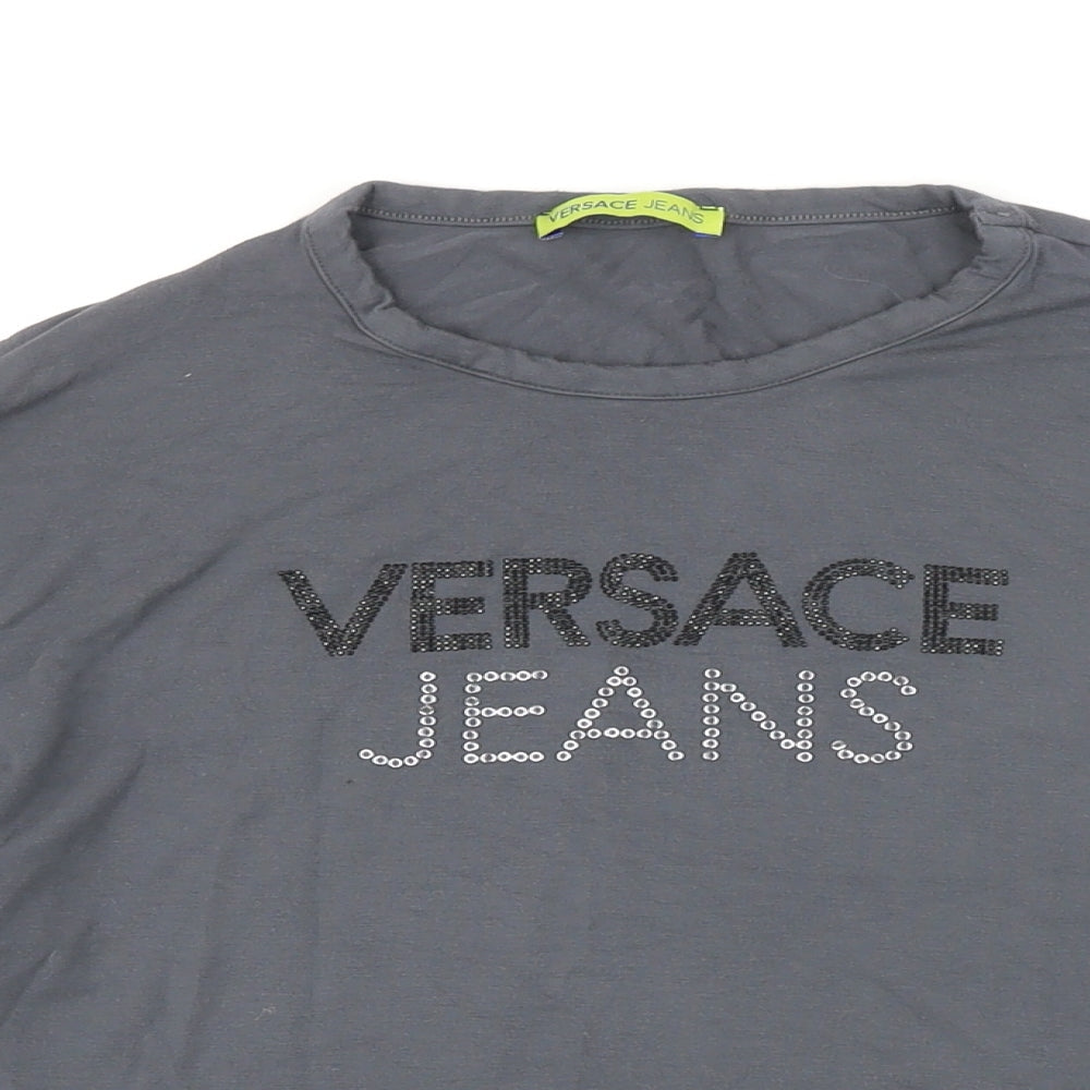 Versace Jeans Womens Grey Herringbone Viscose Basic T-Shirt Size 16 Round Neck