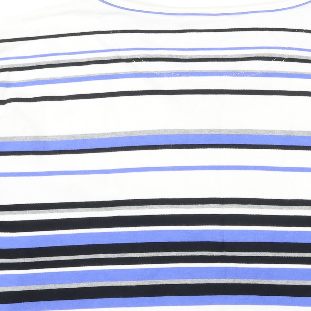 Brand and care label for Maine New England women’s blue striped cotton tunic t-shirt, size UK 18, scoop neck