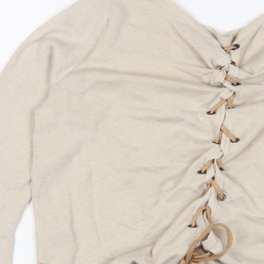 Brand and care label for Only women’s beige boat neck polyester jumper, size S