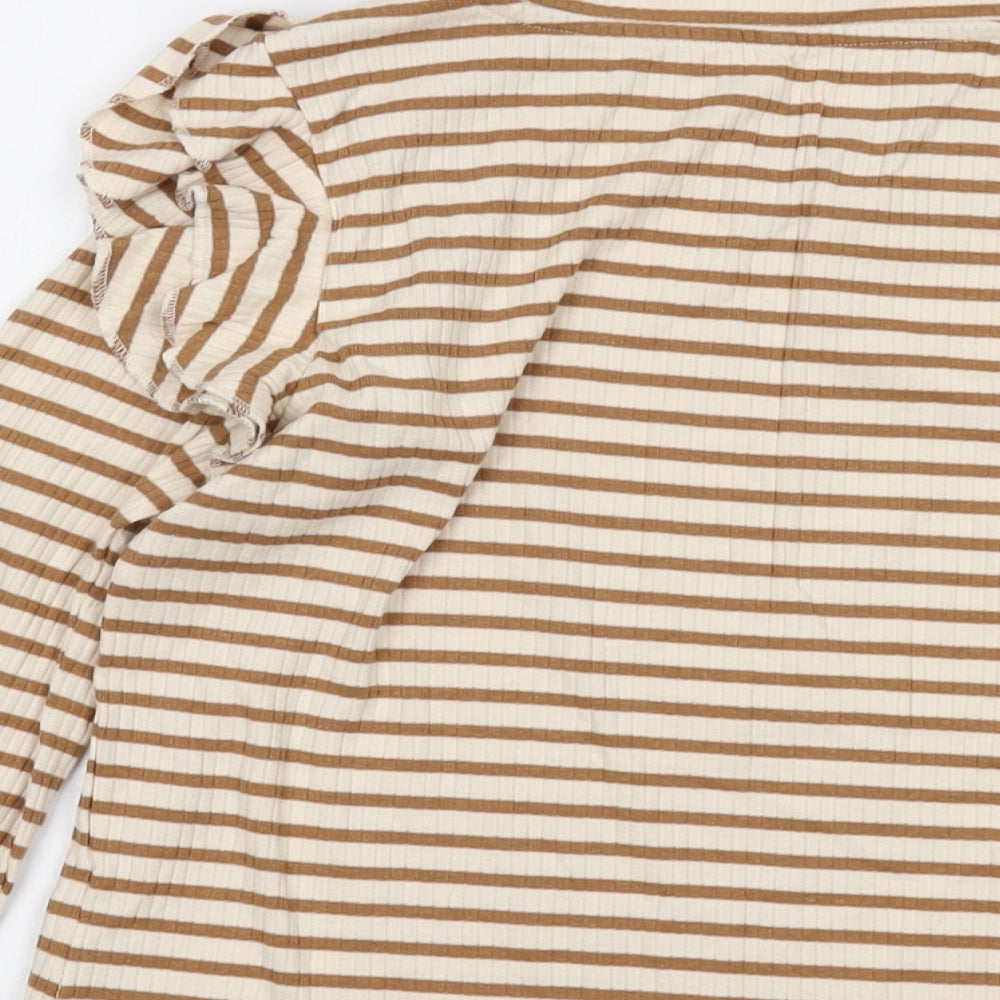 Brand and care label for JDY women’s beige striped cotton basic blouse, size L, crew neck