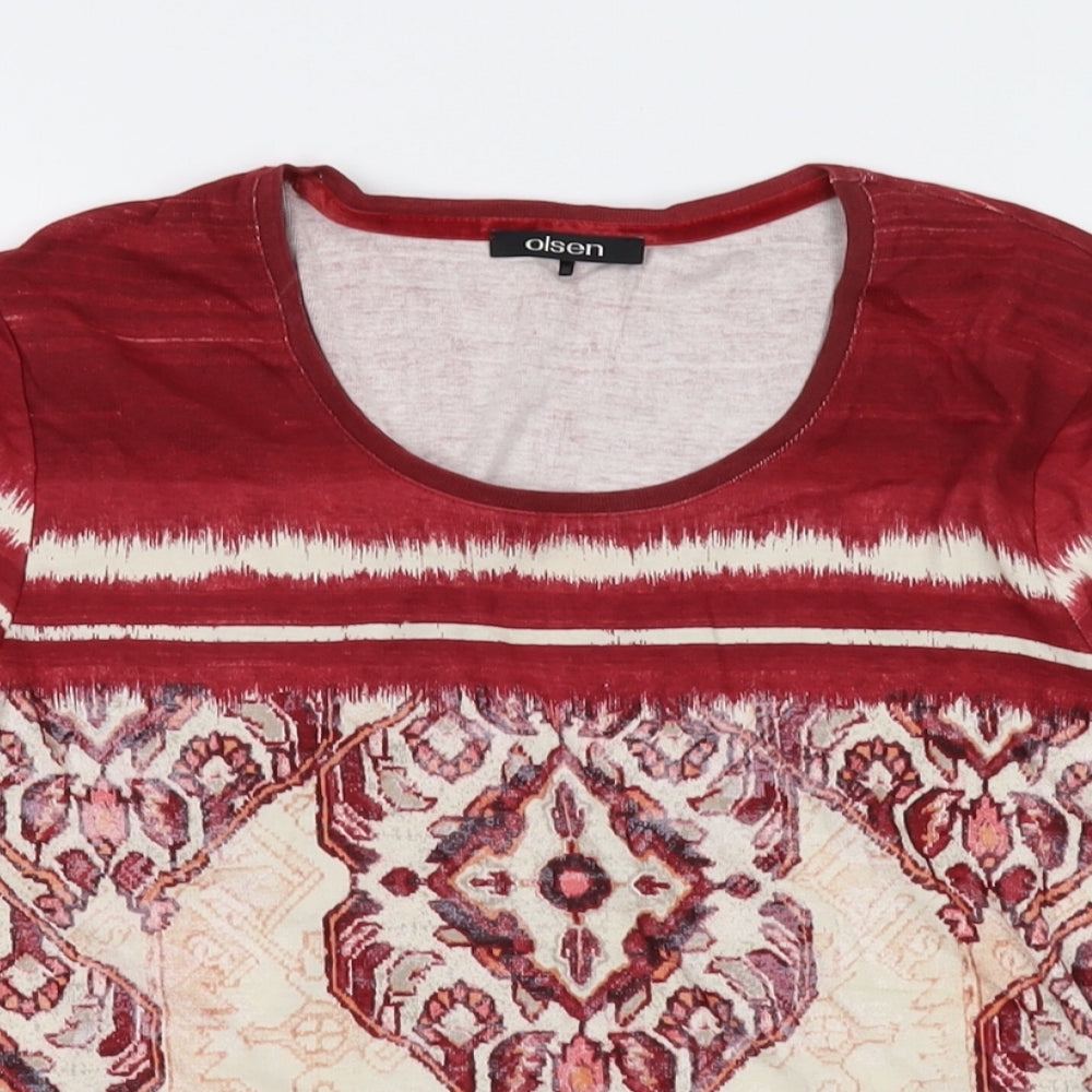 Olsen Womens Red Geometric Cotton Basic T-Shirt Size 18 Round Neck