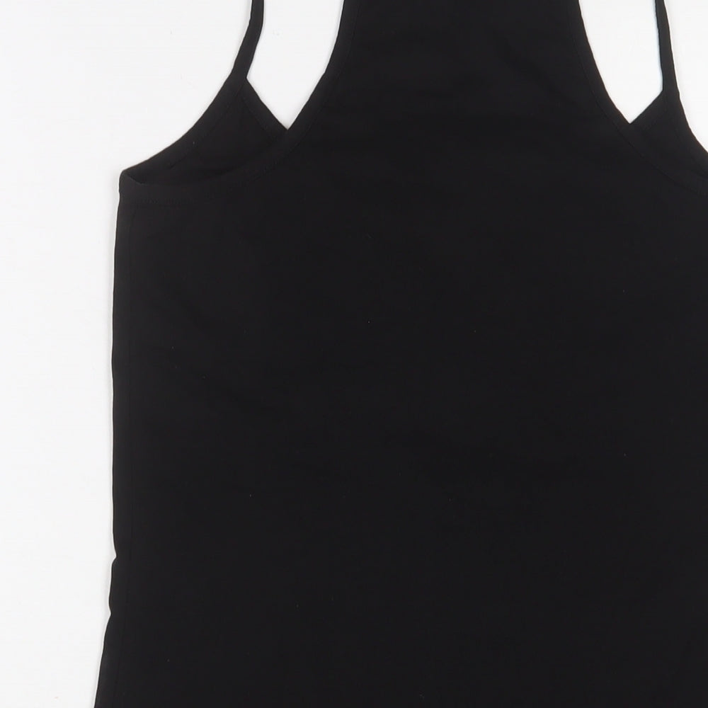 Brand and care label for ASOS women’s black cotton basic tank, size UK 14, scoop neck pullover