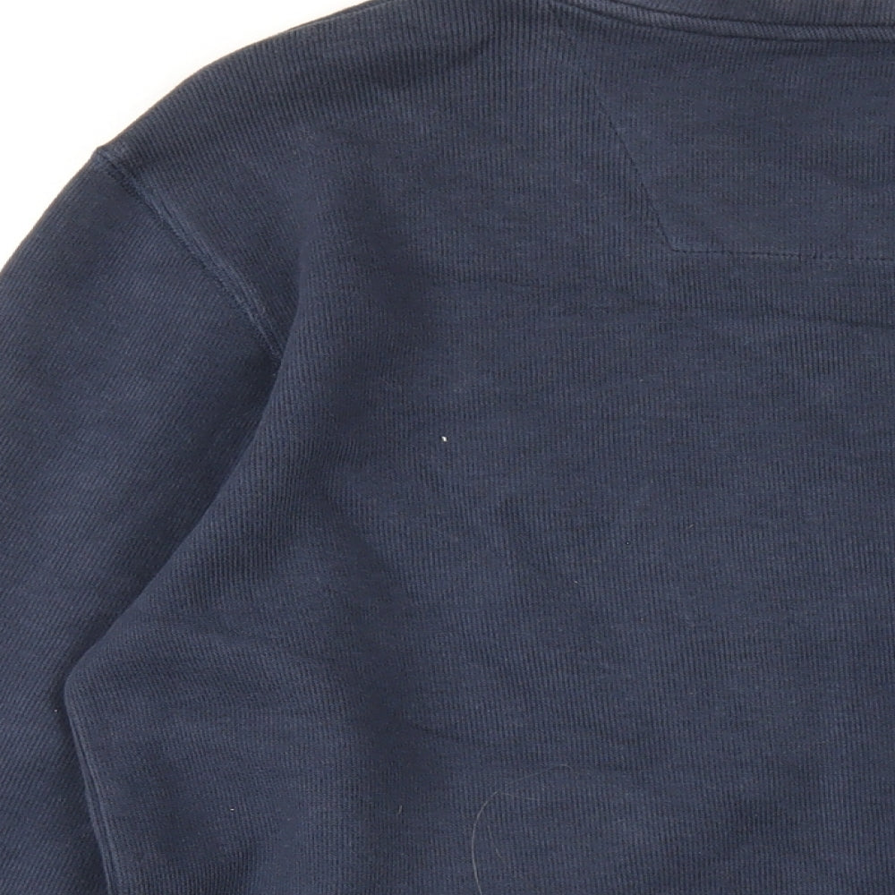 Brand and care label for Easy men’s blue cotton pullover sweatshirt, size M