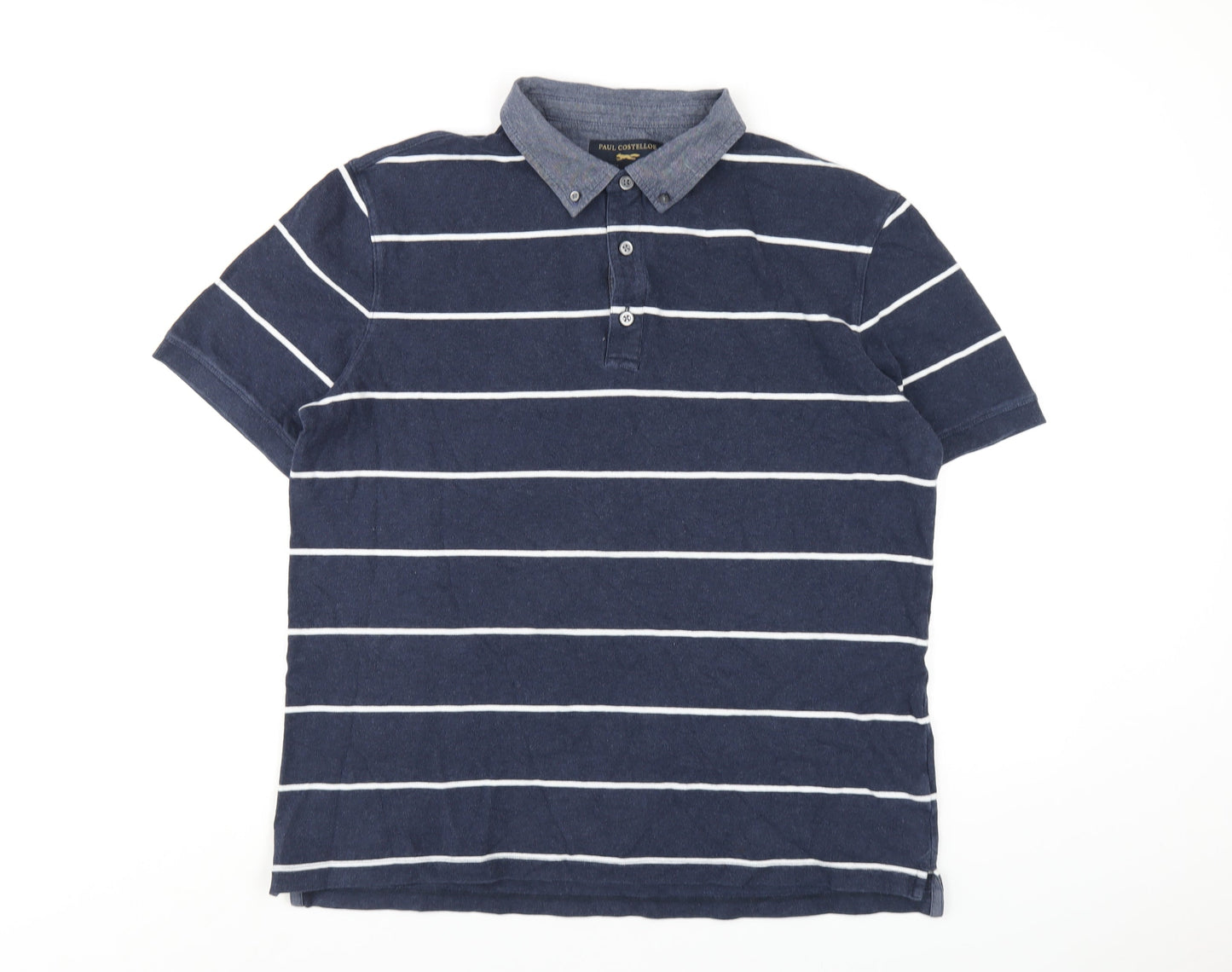 Paul Costelloe Mens Blue Striped Cotton Polo Size XL Collared Button