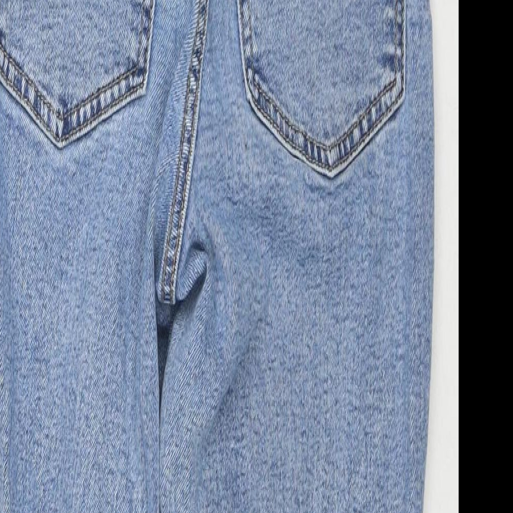 Brand and care label for ASOS women’s blue cotton mom jeans, size UK 8, 28-inch leg regular button