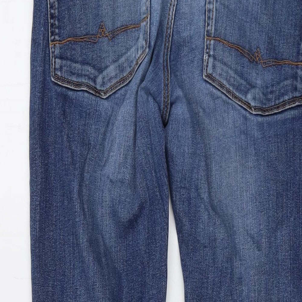 Brand and care label for ASOS men’s blue cotton skinny jeans, size 29, in, 30-inch leg regular button