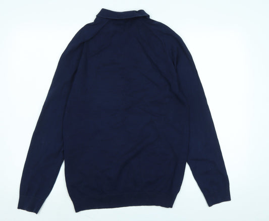 Marks and Spencer Mens Blue Collared Cotton Pullover Jumper Size M Long Sleeve