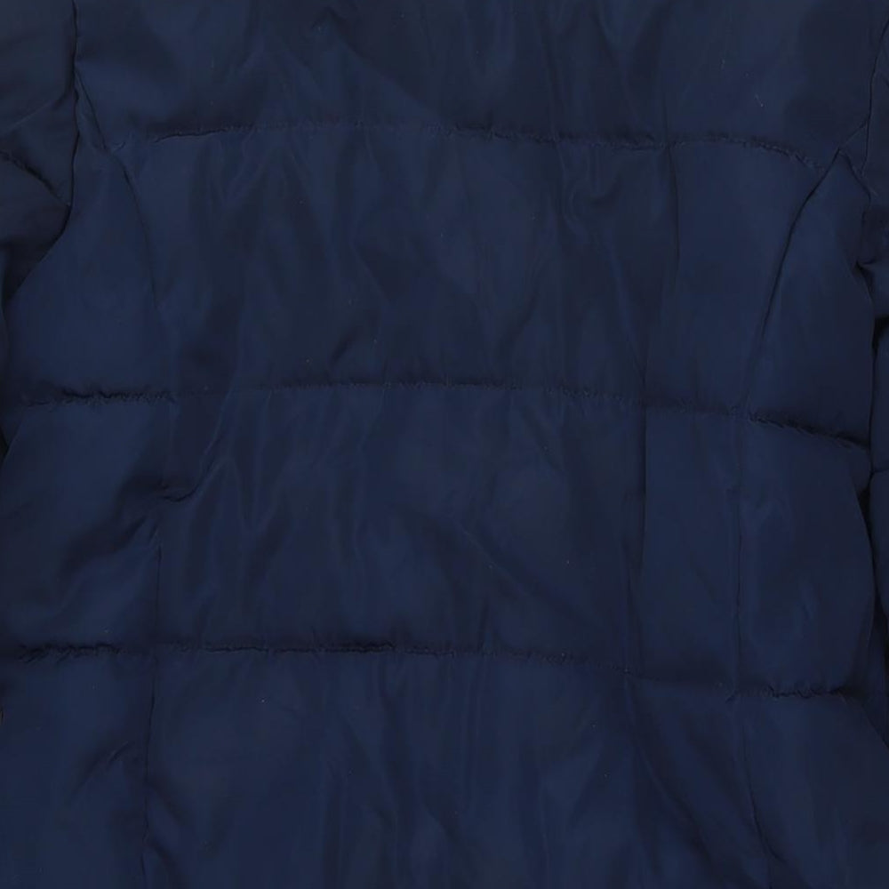 Brand and care label for John Lewis girls’ blue quilted jacket, size 13, years zip