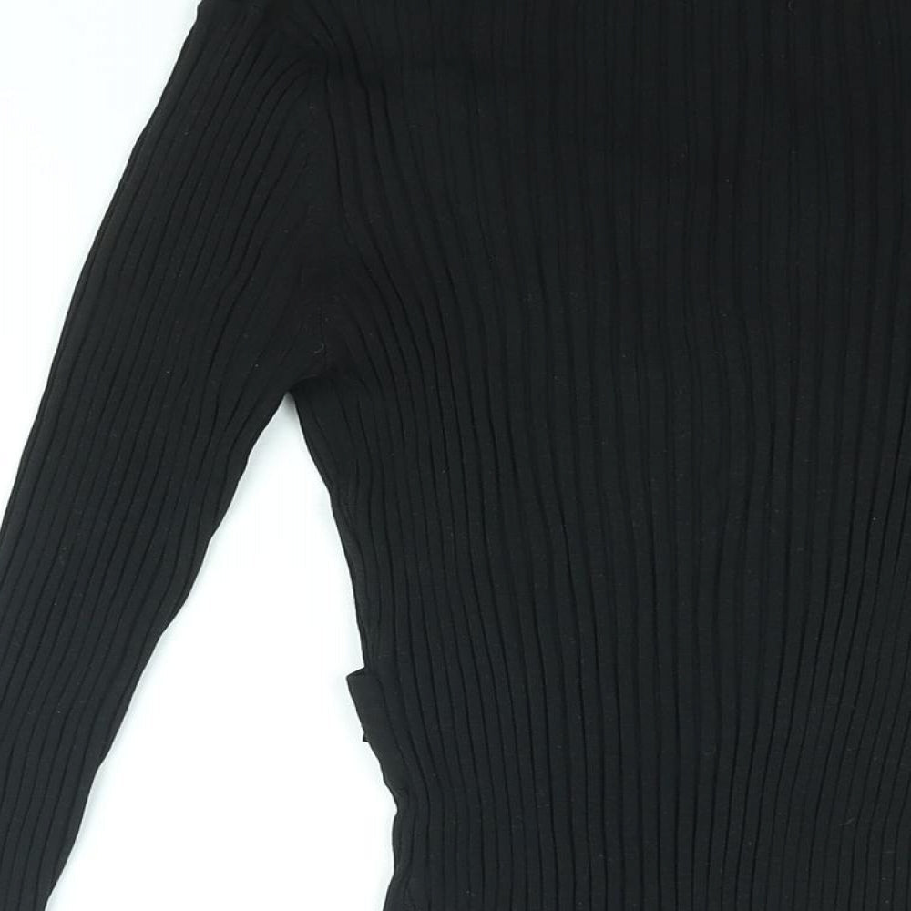 Brand and care label for August Silk women’s black v-neck acrylic jumper, size M