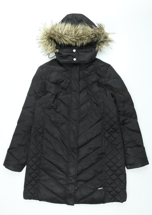 Kenneth Cole Reaction Womens Black Puffer Jacket Coat Size L Zip - Faux Fur Hood