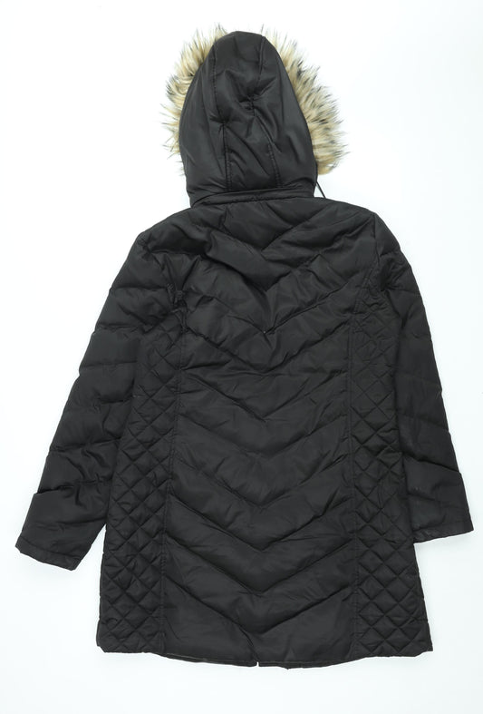 Kenneth Cole Reaction Womens Black Puffer Jacket Coat Size L Zip - Faux Fur Hood