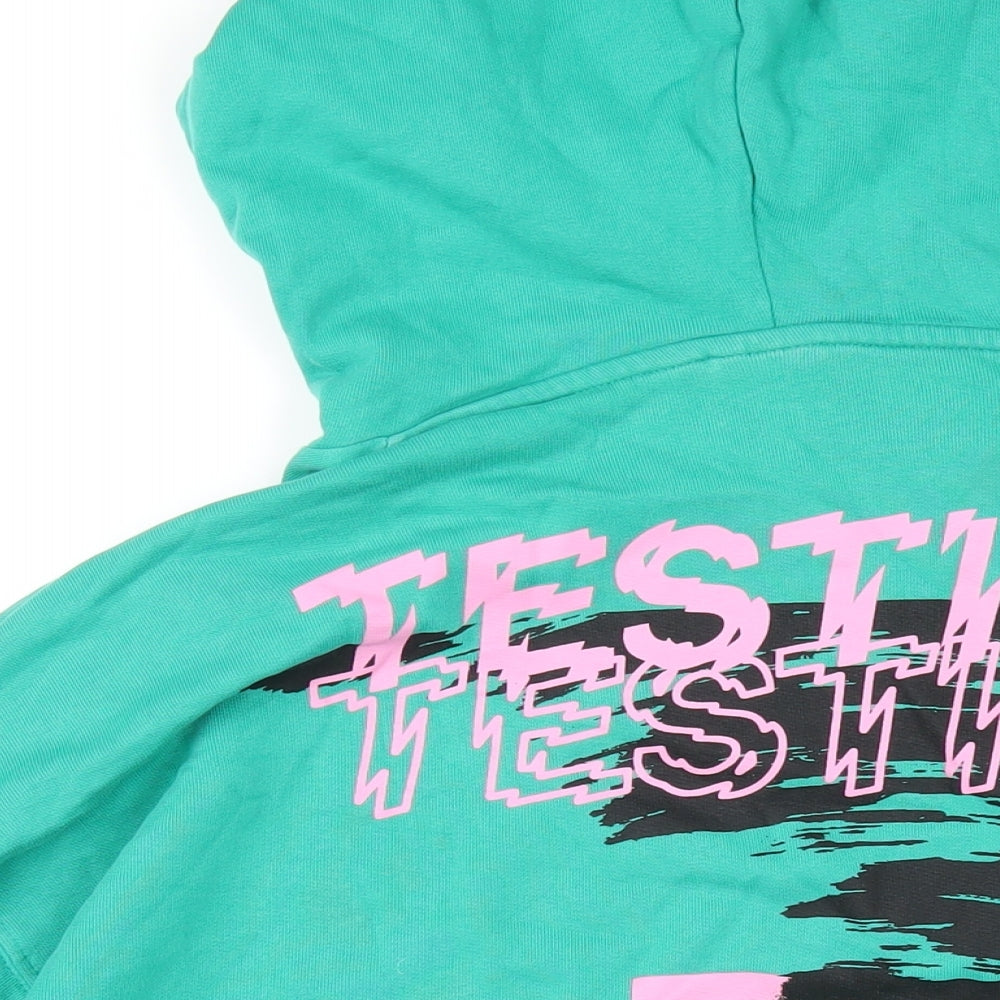 Brand and care label for ASOS men’s green cotton pullover hoodie, size XL